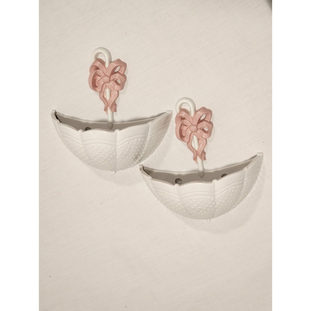 Vintage 1991 Burwood Umbrella Wall Pocket Planters White Pink Bow Set 3201-2B